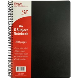 Stat 5 Subject Notebook A4 7mm Ruled 60gsm 250 Page Poly Cover Black