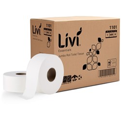 Livi Essentials Toilet Paper 1 Ply Jumbo Roll 600m Box of 8