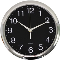 Italplast Wall Clock 30cm Round With Large Numbers Chrome Frame Black Face